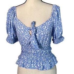 Blue flower print, ruffle top